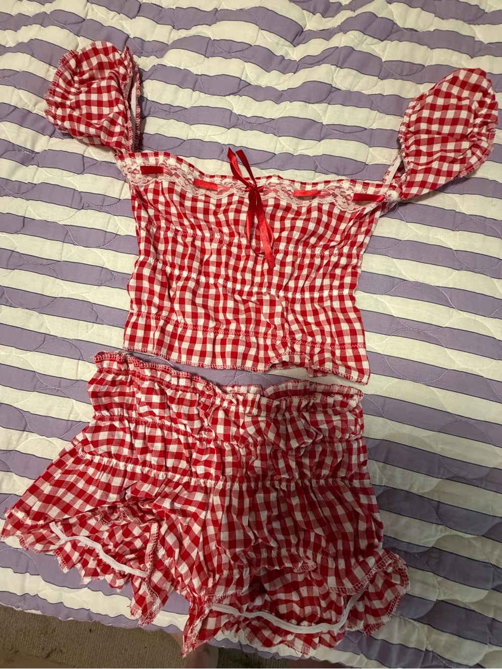 Handmade Red Gingham Ruffle 2 Piece Set 🍓🎀 S - Picture 4 of 11